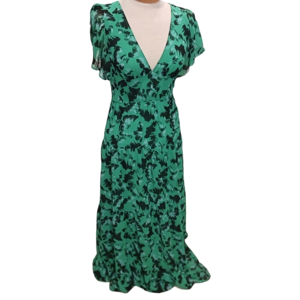 Size XXS/2 Chelsea28 Womens Dress Ruffled Green Flutter Sleeve Chiffon